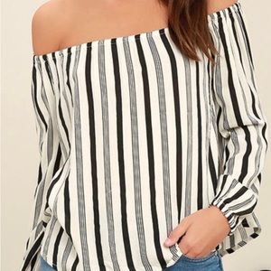 Billabong Black / Ivory Stripe On or Off Shoulder Pull On 3/4 Sleeve Top / Shirt